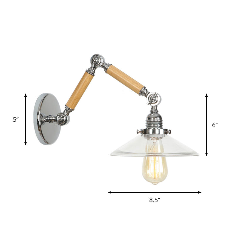 BowLift | Brown-Silver 1-Bulb Reading Wall Light Loft Clear Glass Bulb/Plate/Bell Shade Wall Lighting with Wood 2-Joint Adjustable Arm