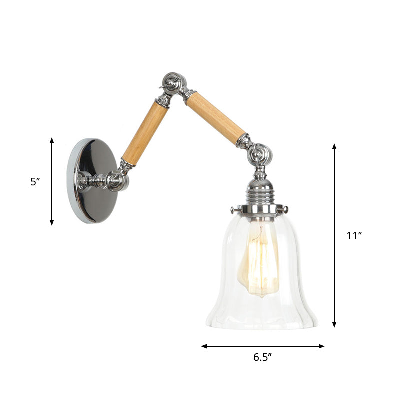 BowLift | Brown-Silver 1-Bulb Reading Wall Light Loft Clear Glass Bulb/Plate/Bell Shade Wall Lighting with Wood 2-Joint Adjustable Arm