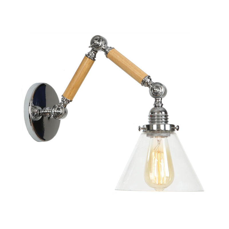 BowLift | Brown-Silver 1-Bulb Reading Wall Light Loft Clear Glass Bulb/Plate/Bell Shade Wall Lighting with Wood 2-Joint Adjustable Arm