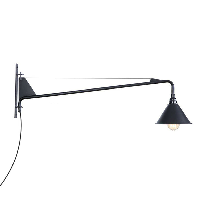 BowLift | Industrial Scalloped/Exposed Wall Lamp 1/2-Light Iron Plug-in Wall Mounted Lighting with Long Swing Arm in Black