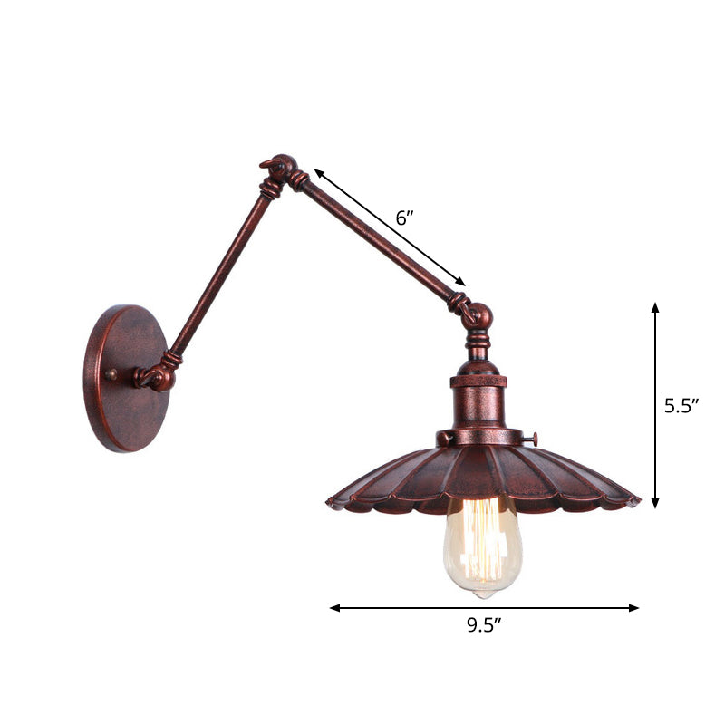 BowLift | Rust Scalloped/Horn/Cone Wall Lamp Loft 1 Main Workshop Wall-Mounted Reading Lamp with 6"/8" Long Swing Arm