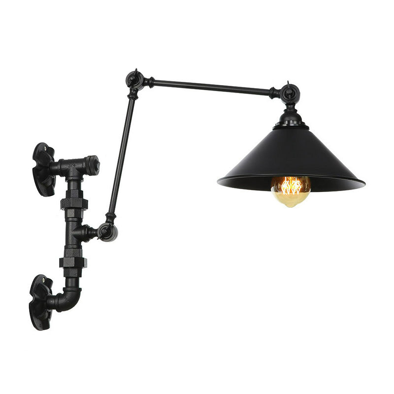BowLift | Cone/Flared Living Room Wall Lamp Industrial Iron 1-Light Black Rotatable Wall Lighting with Water Pipe Mount