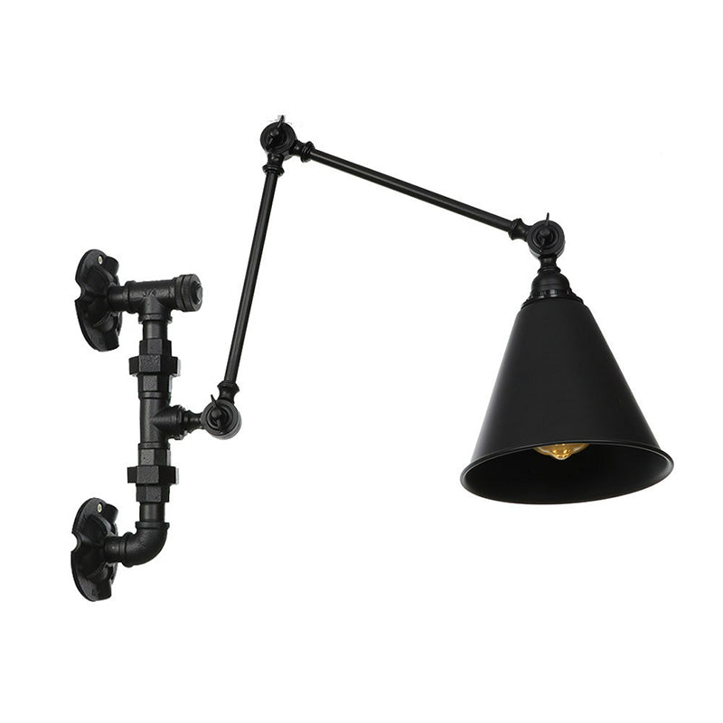 BowLift | Cone/Flared Living Room Wall Lamp Industrial Iron 1-Light Black Rotatable Wall Lighting with Water Pipe Mount