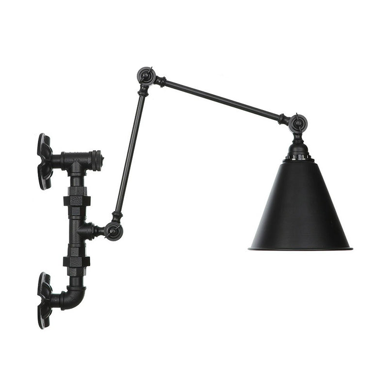 BowLift | Cone/Flared Living Room Wall Lamp Industrial Iron 1-Light Black Rotatable Wall Lighting with Water Pipe Mount