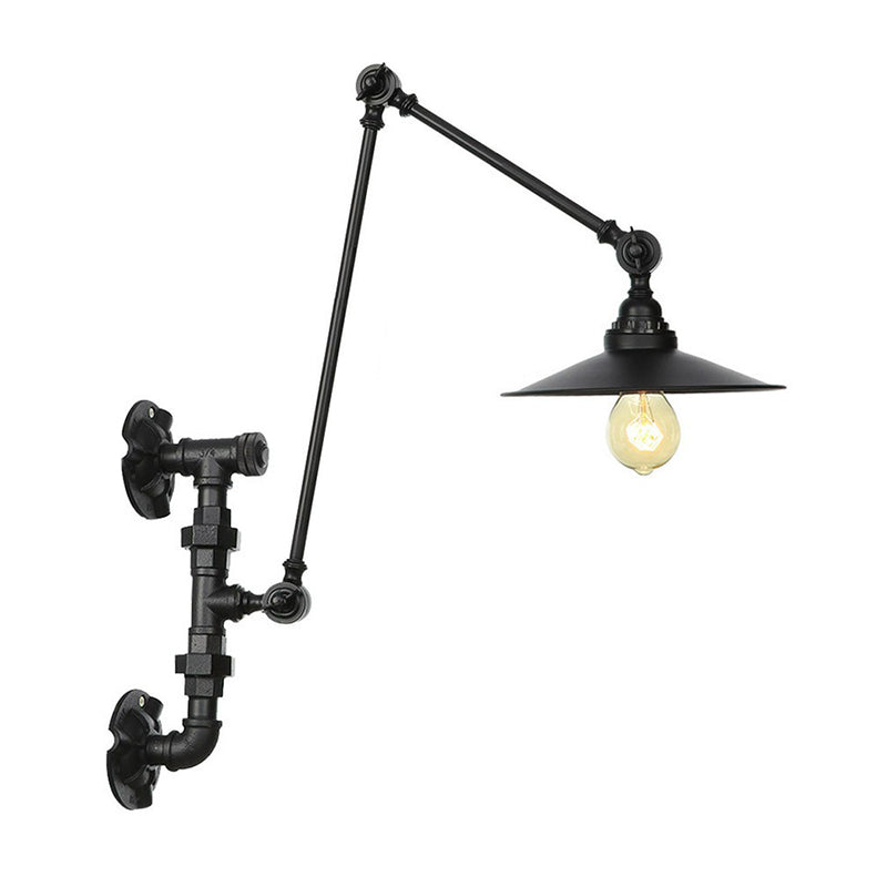 BowLift | Cone/Flared Living Room Wall Lamp Industrial Iron 1-Light Black Rotatable Wall Lighting with Water Pipe Mount