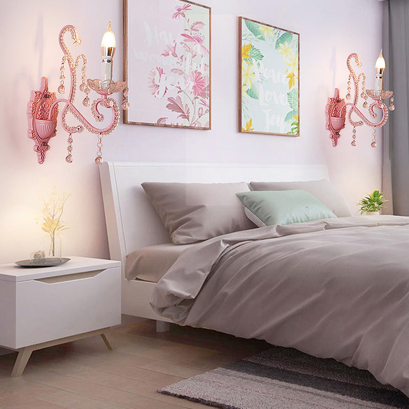 BowLift | Metallic Scroll Arm Wall Lamp Modernistic 1/2 Lights Wall Light with Crystal Berry Deco in Pink
