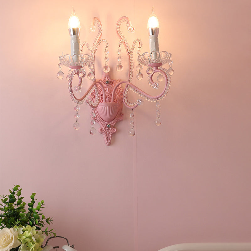 BowLift | Metallic Scroll Arm Wall Lamp Modernistic 1/2 Lights Wall Light with Crystal Berry Deco in Pink