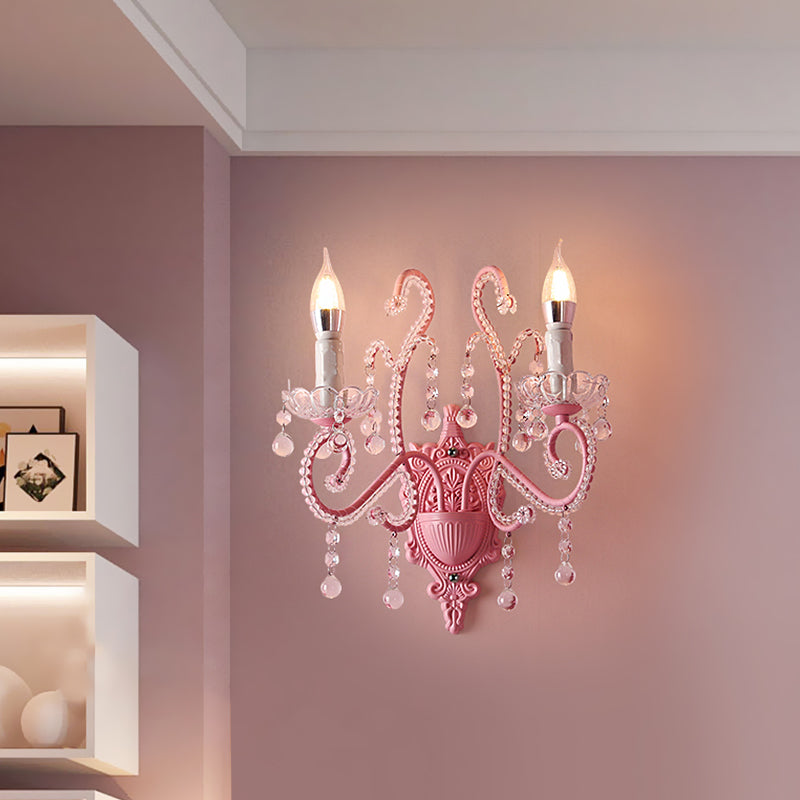BowLift | Metallic Scroll Arm Wall Lamp Modernistic 1/2 Lights Wall Light with Crystal Berry Deco in Pink