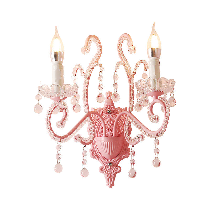 BowLift | Metallic Scroll Arm Wall Lamp Modernistic 1/2 Lights Wall Light with Crystal Berry Deco in Pink