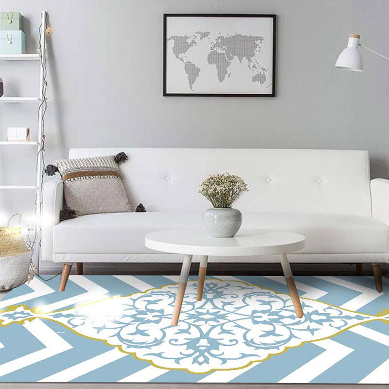 BowLift | Blue and white Moroccan carpet polyester medallion pattern carpet pet-friendly washable anti-slip backing carpet for decoration