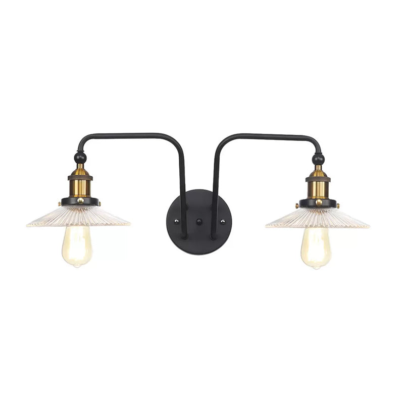 BowLift | Industrial conical/wavy/fanned wall lamp glass and metal black 2-bulb wall mounted lamp for indoor use