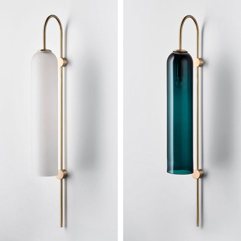 BowLift | Mid Century Gooseneck Wall Lamp Light Metal 1-Bulb Living Room Wall Lamp in Brass with Extended Blue Glass Shade