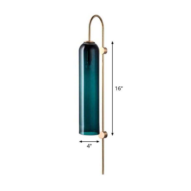 BowLift | Mid Century Gooseneck Wall Lamp Light Metal 1-Bulb Living Room Wall Lamp in Brass with Extended Blue Glass Shade