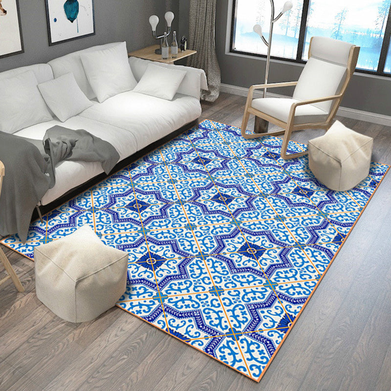 BowLift | Blue Bedroom Rug Moroccan Flower Polygon Pattern Rug Polyester Machine Washable Rug