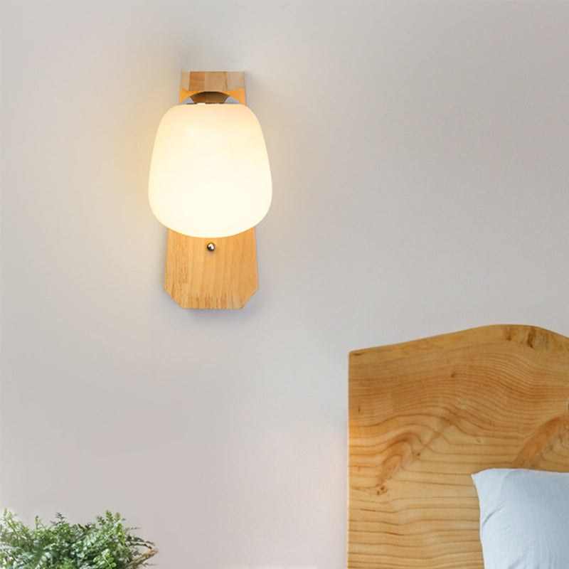 BowLift | Milk Glass Bud-Shaped Wall Lighting Nordic 1-Bulb Wood Wall Mounted Lamp with Right Angle Arm