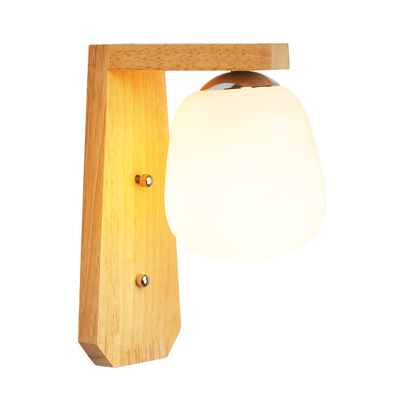 BowLift | Milk Glass Bud-Shaped Wall Lighting Nordic 1-Bulb Wood Wall Mounted Lamp with Right Angle Arm