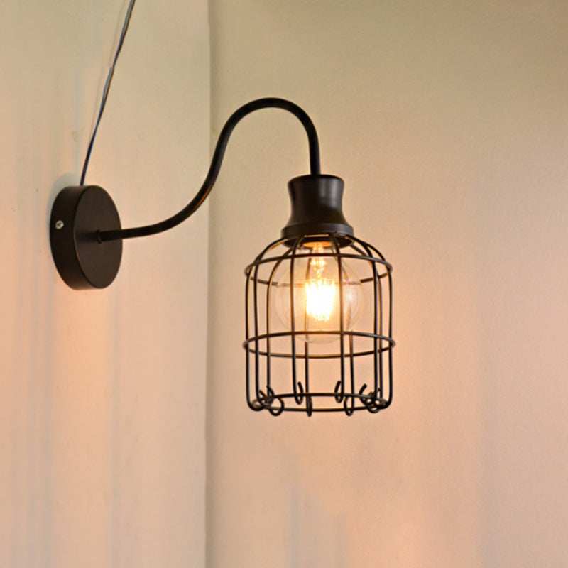 BowLift | Metal Birdcage Wall Mount Lighting with Gooseneck Arm Vintage 1 Main Wall Lamp Sconces in Black