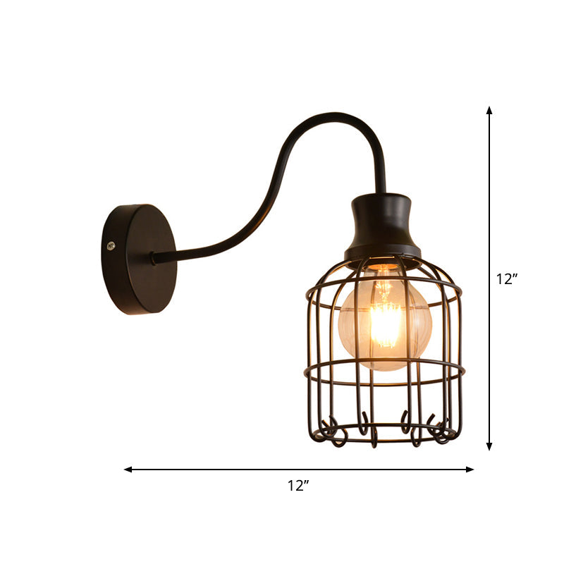 BowLift | Metal Birdcage Wall Mount Lighting with Gooseneck Arm Vintage 1 Main Wall Lamp Sconces in Black