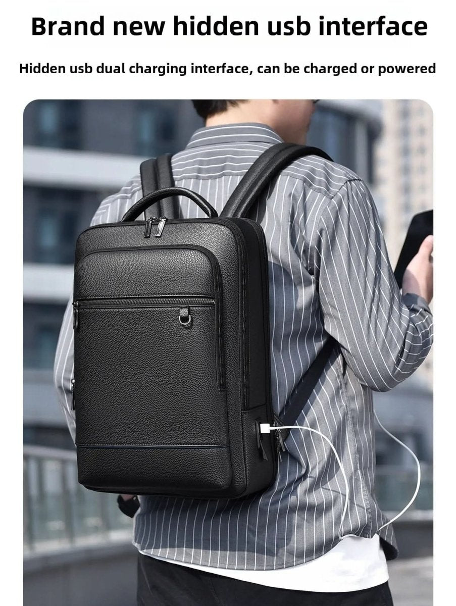 BowLift | Elegant leather rucksack for men/women with USB port for laptop and everyday use, 15.6 inch, black