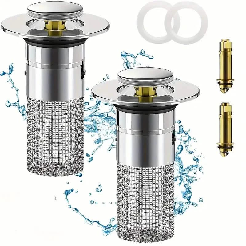 BowLift | 2-Pack: Pop-Up Wash Basin Plugs with Stainless Steel Strainer and Hair Strainer