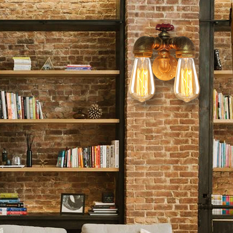 BowLift | Curved Pipe Metal Wall Lighting Factory 2 Heads Dining Room Wall Lamp Sconces in Rust with Valve Decoration