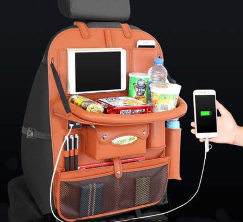 BowLift | Multifunctional Car Seat Back Large Capacity Storage Bag with 4 USB Charging Ports, Retractable Tray, Tablet Holder, Tissue Storage, Cup Holder, Large Storage Bag and More