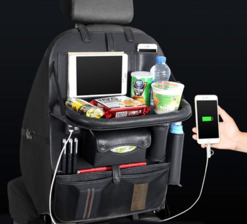 BowLift | Multifunctional Car Seat Back Large Capacity Storage Bag with 4 USB Charging Ports, Retractable Tray, Tablet Holder, Tissue Storage, Cup Holder, Large Storage Bag and More
