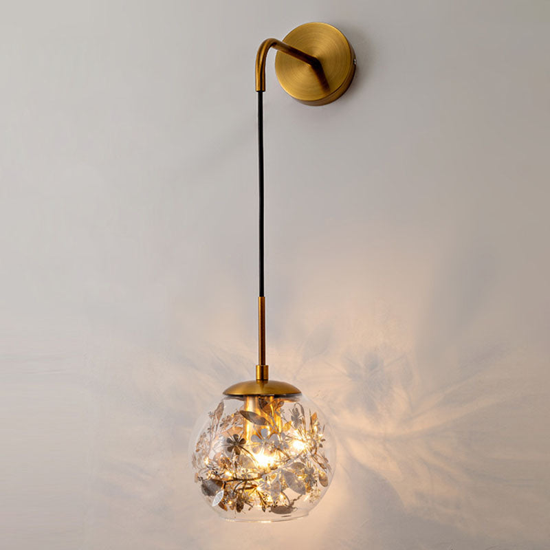 BowLift | Clear Glass Bubble Wall Lamp Contemporary 1-Light Wall Mounted Lamp with Foil Flower Decor