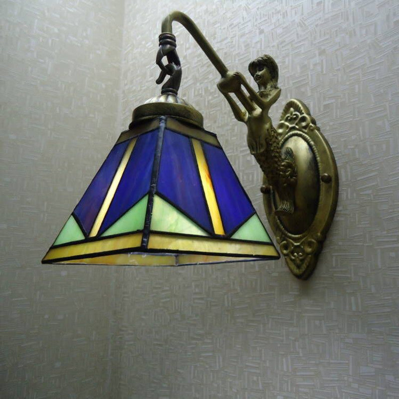 BowLift | Trapezium Wall Mount Lamp Fixture Tiffany Bronze Cut Glass Wall Lighting with Mermaid Arm