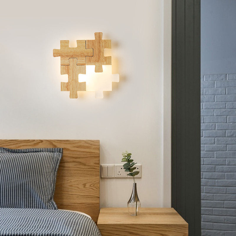 BowLift | Jigsaw Puzzle Wall Light Simple LED Wood Wall Lighting Device with Opal Glass Shade for Bedroom
