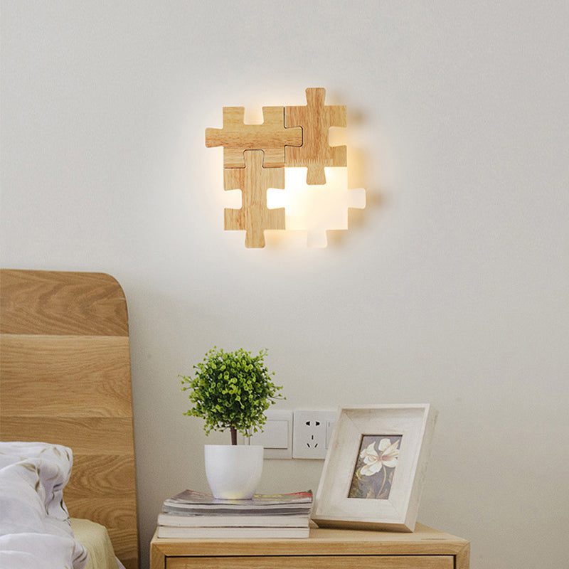BowLift | Jigsaw Puzzle Wall Light Simple LED Wood Wall Lighting Device with Opal Glass Shade for Bedroom