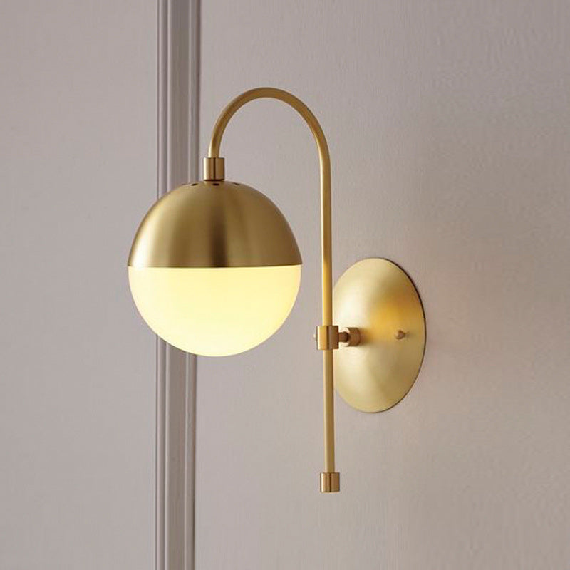 BowLift | Gold Round Wall Lamp Sconce Modernist 1 Light Opal Glass Wall Montreal Lighting with Gooseneck Arm