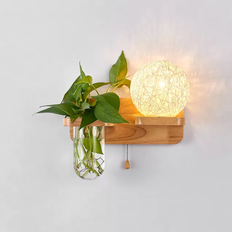 BowLift | Ball-shaped Nightstand Lamp Rattan 1-Light Modern Wall Lamp with Pull Switch in Wood