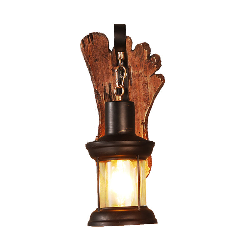 BowLift | Kerosene Dining Room Wall Lamp Coastal Clear Glass 1 Light Black Wall Lamp Light Fixture with Wooden Base/Axe Backplate