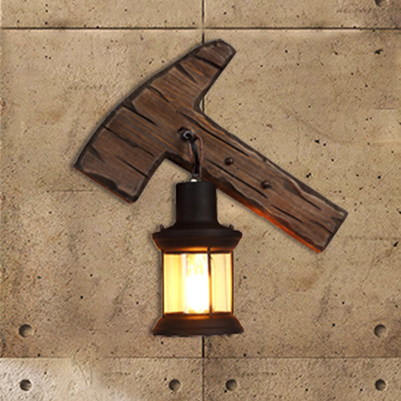 BowLift | Kerosene Dining Room Wall Lamp Coastal Clear Glass 1 Light Black Wall Lamp Light Fixture with Wooden Base/Axe Backplate