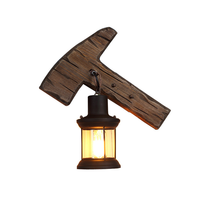 BowLift | Kerosene Dining Room Wall Lamp Coastal Clear Glass 1 Light Black Wall Lamp Light Fixture with Wooden Base/Axe Backplate