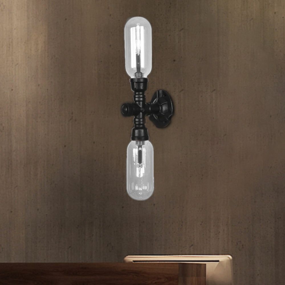 BowLift | Clear Glass Black Wall Lamp Capsule Shade 2/4 Light Industrial Wall Mounted Pipe Lighting