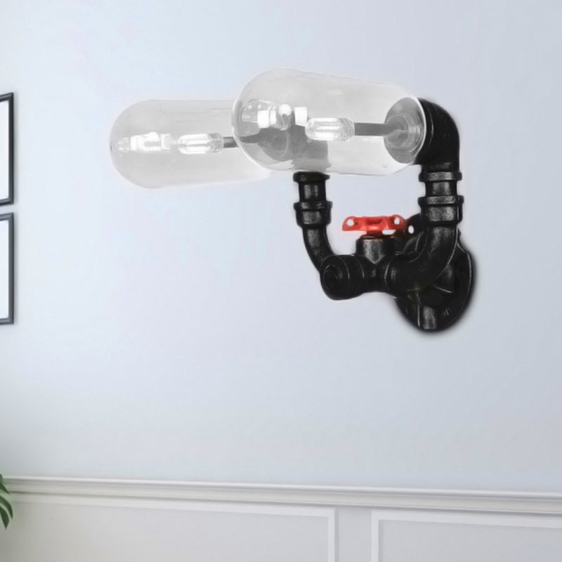 BowLift | Clear Glass Black Wall Lamp Capsule Shade 2/4 Light Industrial Wall Mounted Pipe Lighting