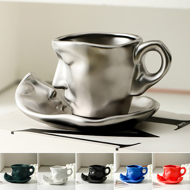 BowLift | Metal Touching Face Creative Ceramic Kiss Coffee Cup, Artistic Vibe Mug & Saucer Set