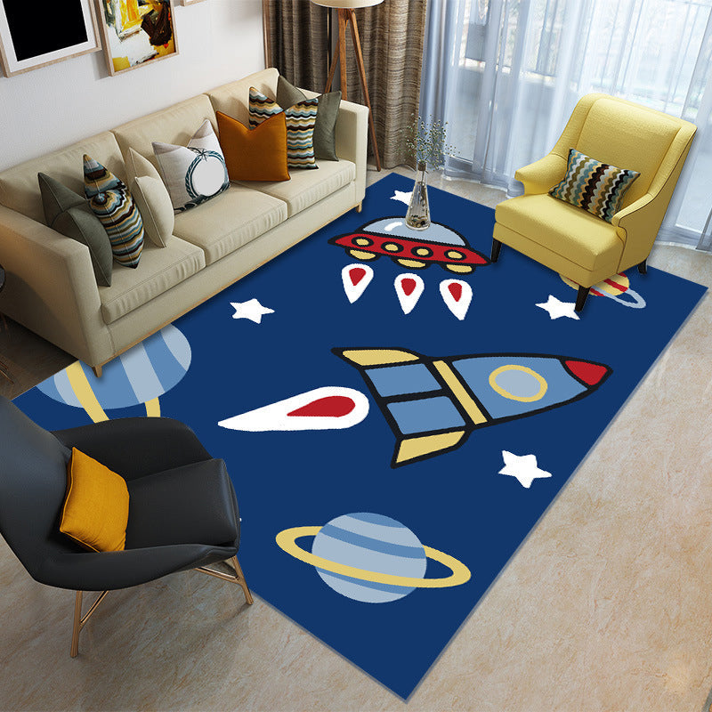 BowLift | Cartoon Boys Bedroom Rug Multicolored Spaceship Pattern Rug Polyester Stain Resistant Non-Slip Back Pet Friendly Rug