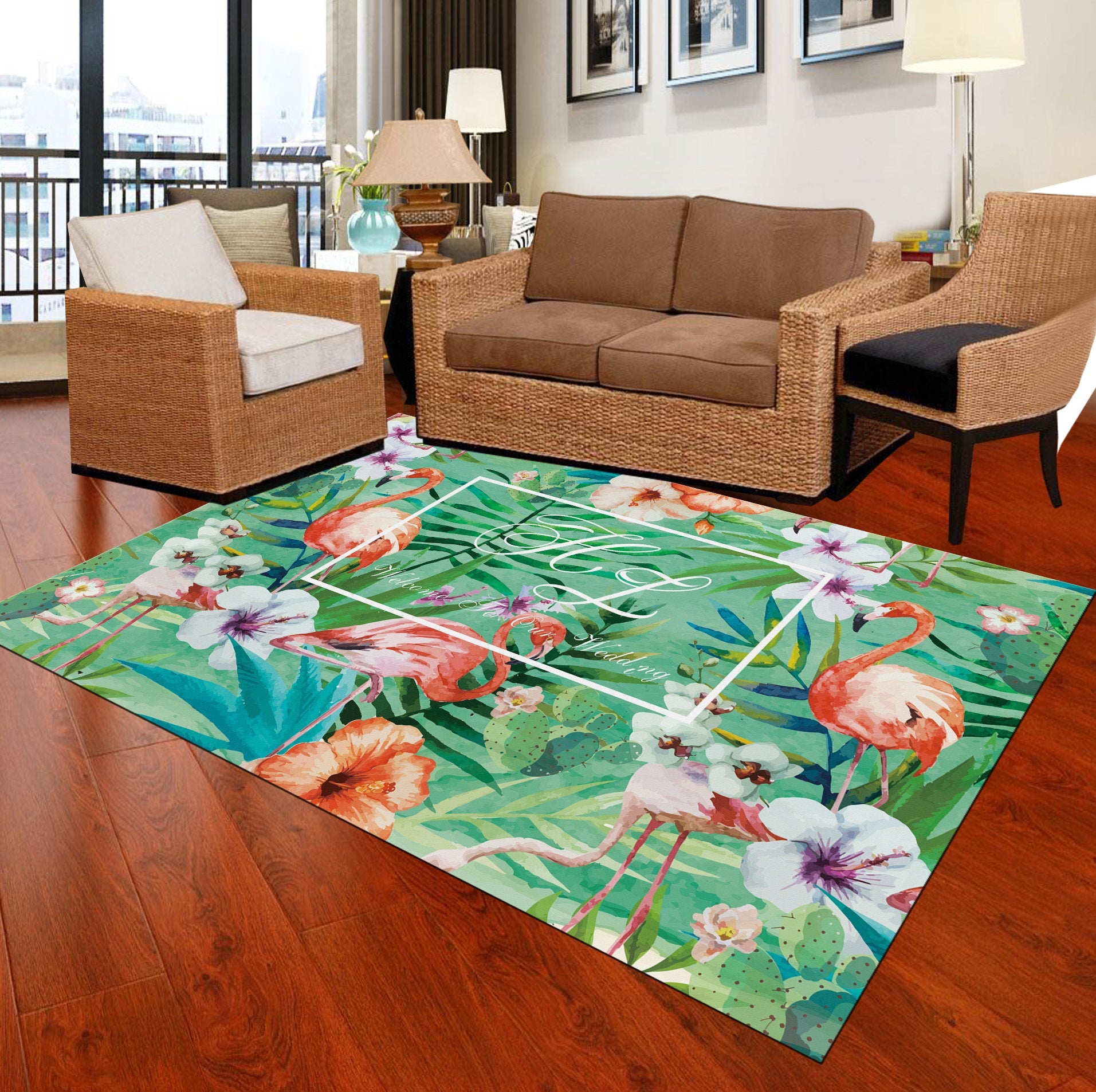 BowLift | Classic Tropix Indoor Rug Colorful Flamingo Rug Non-slip Back Stain-resistant Machine washable Rug for the Living Room