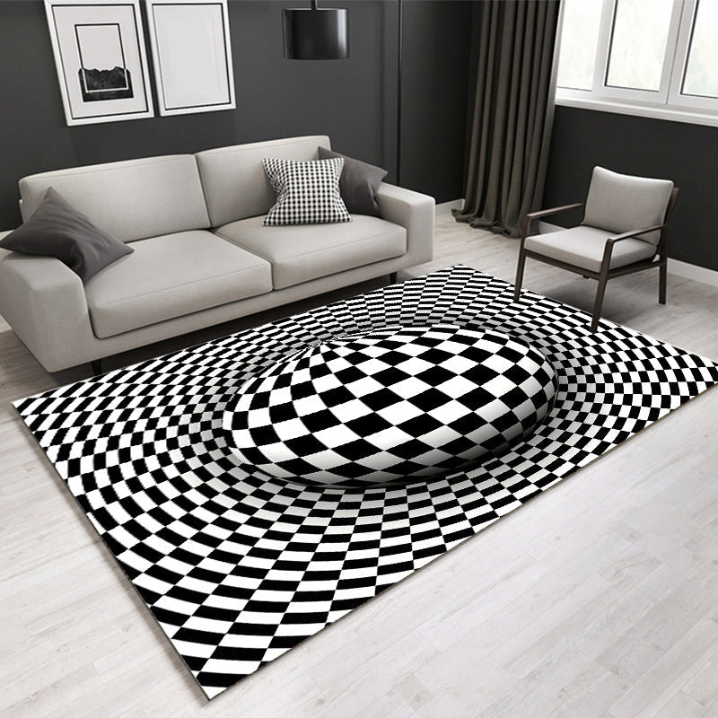 BowLift | Decorative Black-White Modern Carpet Polyester 3D Trick Art Checked Pattern Carpet Stain-Resistant Non-Slip Backing Washable Carpet for Home
