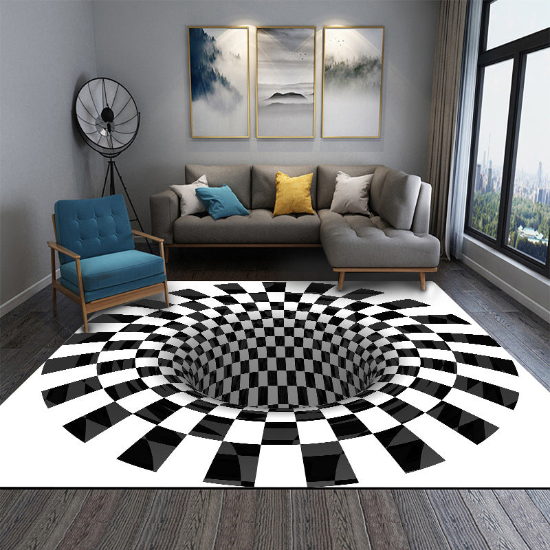 BowLift | Interesting Novelty Dress Black-White 3D Illusion Checkered Fleece Stain-Resistant Pet-Friendly Anti-Slip Background Rug for Bedroom
