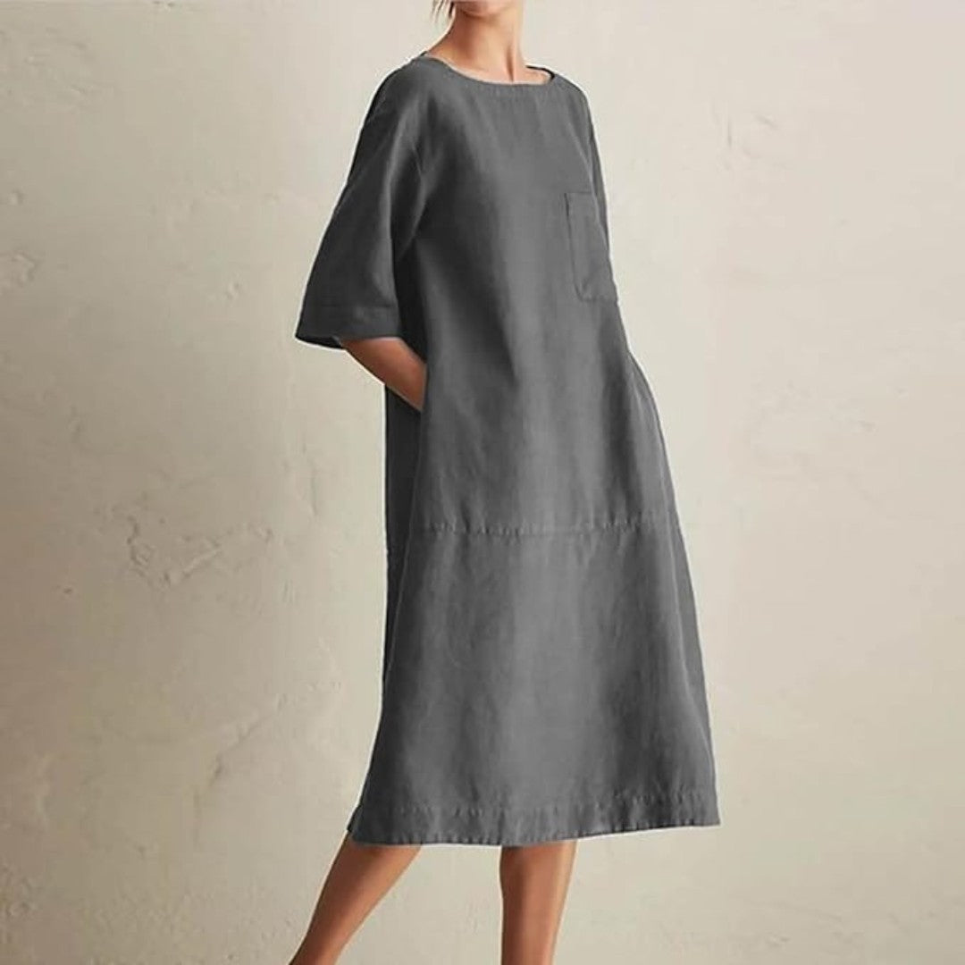 Knee-Length Linen Dress with Chest Pocket