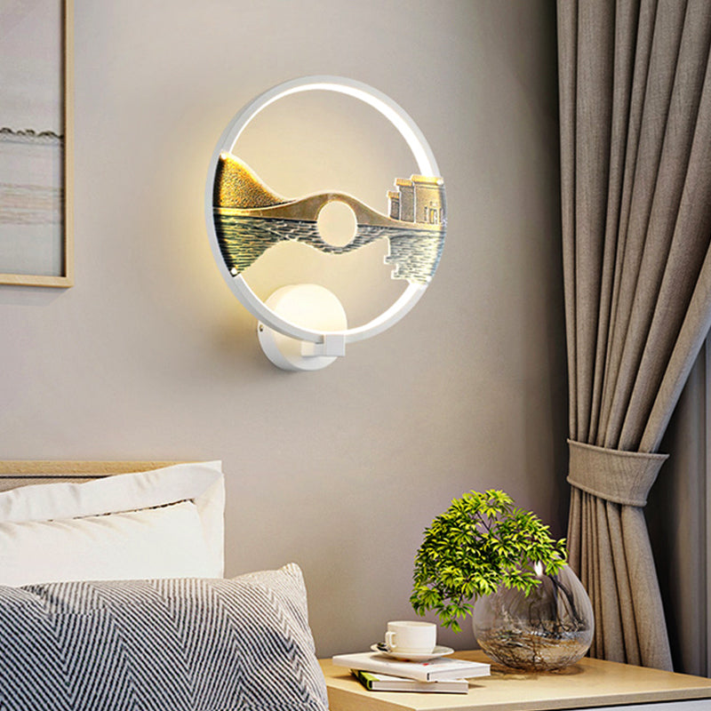 BowLift | Black/White Round Wall Light LED Acrylic Wall Mount Lamp with Chinese Landscape Pattern, 12 Diameter"