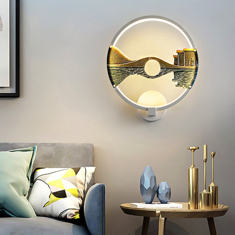 BowLift | Black/White Round Wall Light LED Acrylic Wall Mount Lamp with Chinese Landscape Pattern, 12 Diameter"