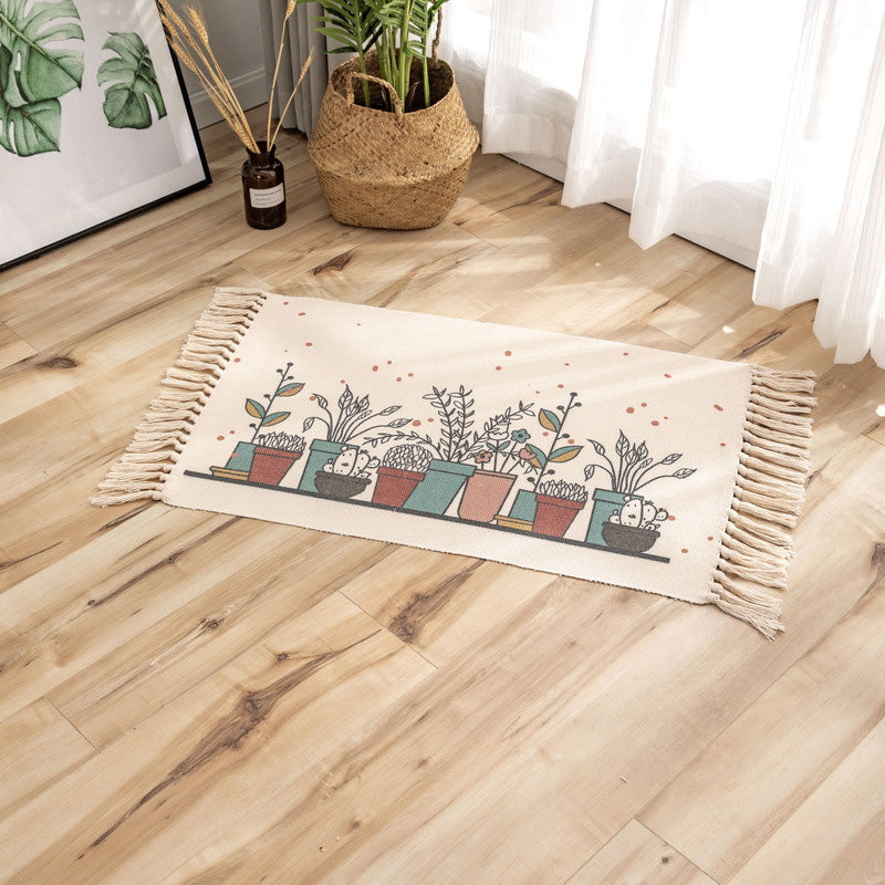 BowLift | Classic geometric printed rug Multicolored cotton blend rug easy to maintain washable rug with fringes for the bedroom