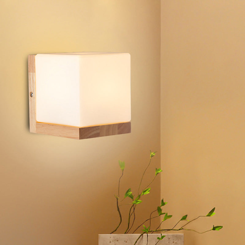 BowLift | Cube-shaped Wall Light Nordic Style White Glass 1-light Nightstand Wall Lighting with Wood Backplate