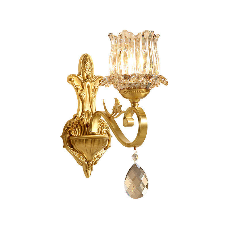 BowLift | Clear Crystal Flower Wall Lights Contemporary 1-Light Wall Sconce with Carved Arm in Gold for Hallway