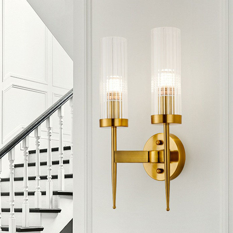 BowLift | Cylindrical Stair Wall Lighting Ideas Clear Ribbed Glass Postmodern Wall Mount Light in Gold